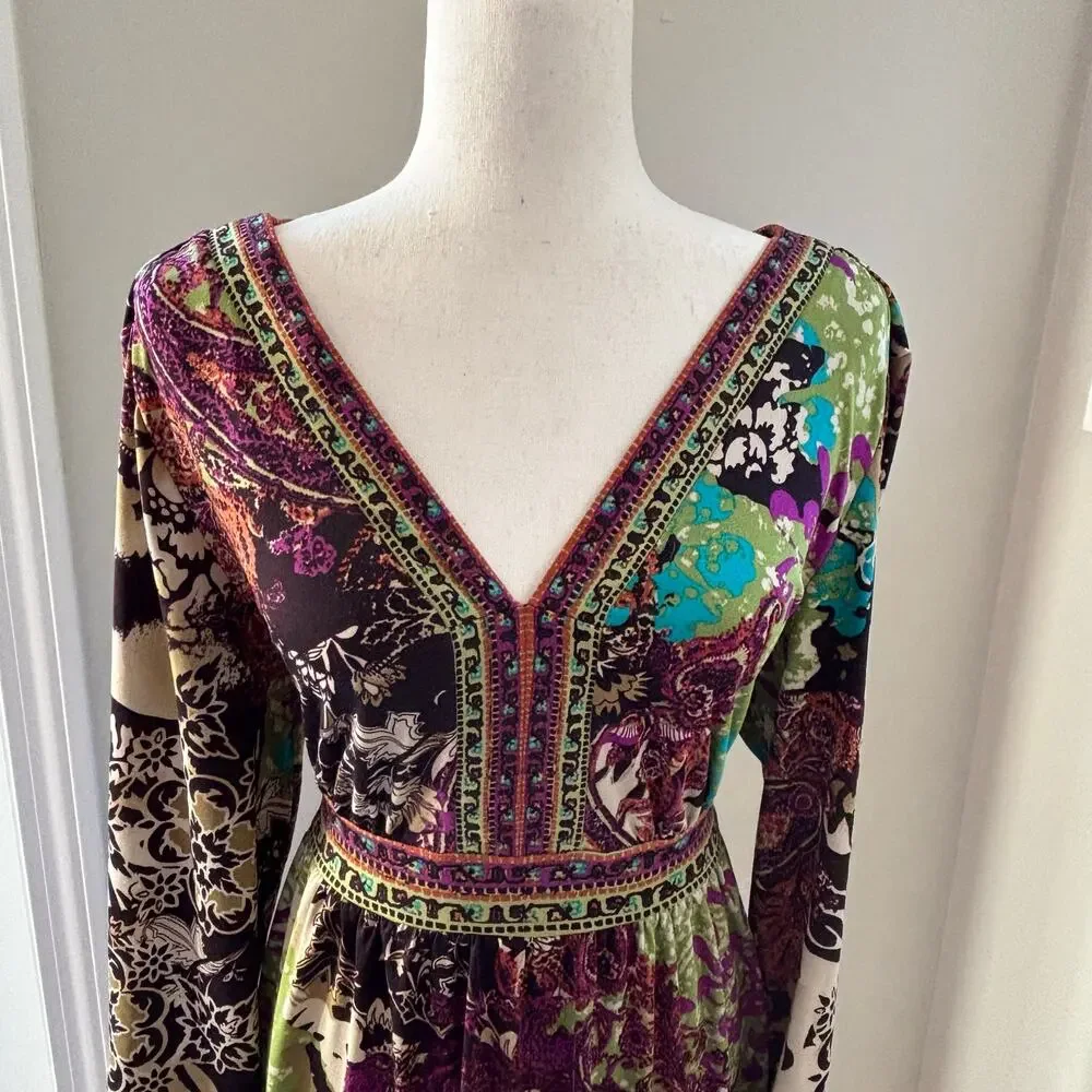 ECI New York Dress Floral V-Neck Stretchy Dress Boho Colorful Size XL - Picture 2 of 8